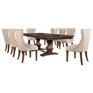 Walnut Wood Dining Set with Extendable Table and Beige Linen Chairs