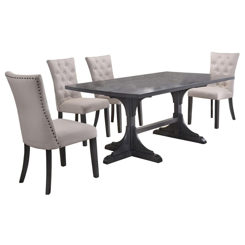 5pc Gray Wood Dining Set with Light Gray Linen Fabric Seats