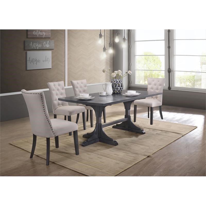 5pc Gray Wood Dining Set with Light Gray Linen Fabric Seats