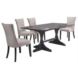 5pc gray wood dining set with light gray linen fabric seats