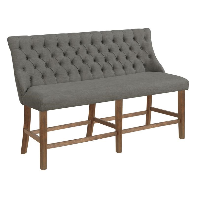 Counterheight Walnut Wood Dining Bench in Gray Linen Fabric and Tufted Seats