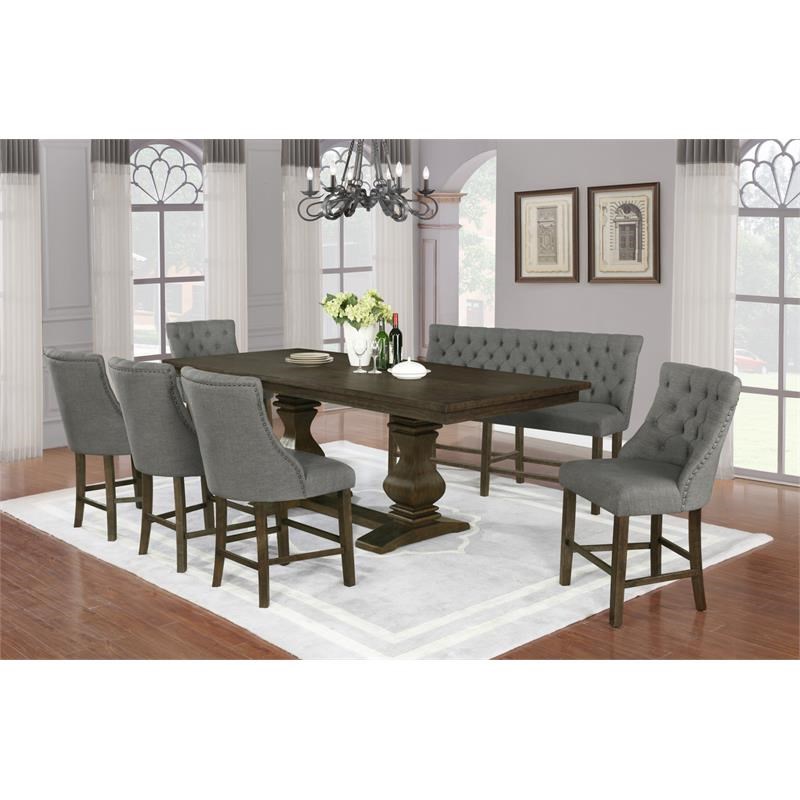 Counterheight Walnut Wood Dining Bench in Gray Linen Fabric and Tufted Seats