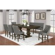 Counterheight Walnut Wood Dining Bench in Gray Linen Fabric and Tufted Seats
