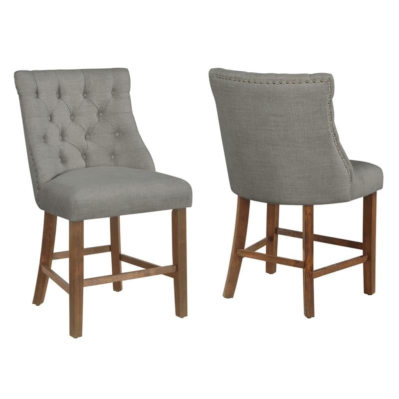 Counterheight Walnut Wood Dining Chairs in Gray Linen Fabric (Set of 2)