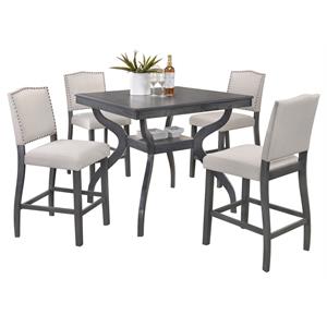 5pc counterheight dining set in gray wood and 4 light gray linen chairs