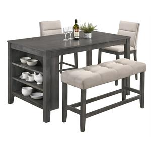 4pc counterheight dining set in dark gray wood with table + gray chairs + bench