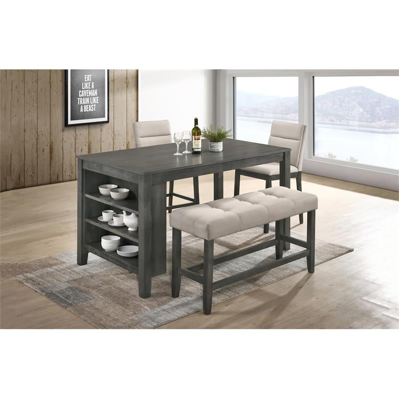 Dark Gray Wood Counterheight Dining Bench in Light Gray Fabric with Tufts