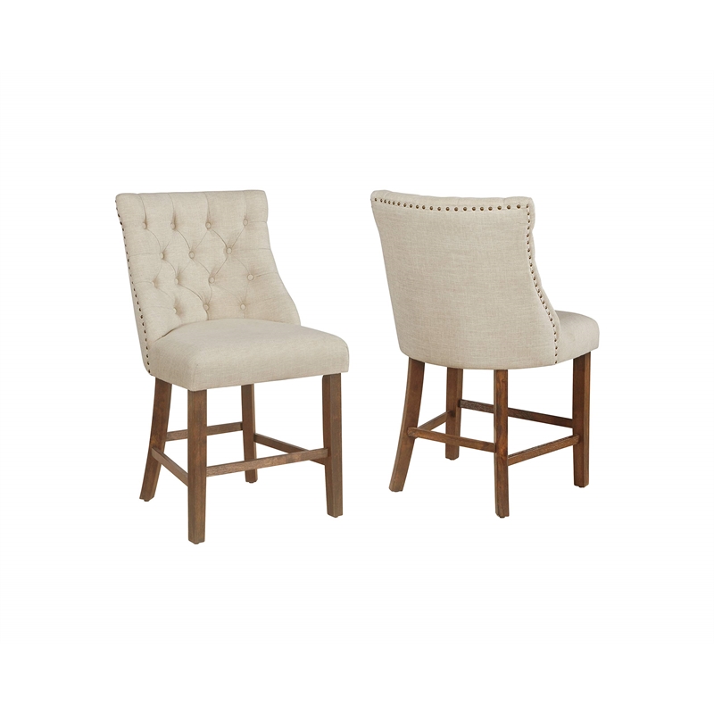 Counterheight Walnut Wood Dining Chairs in Beige Linen Fabric (Set of 2)