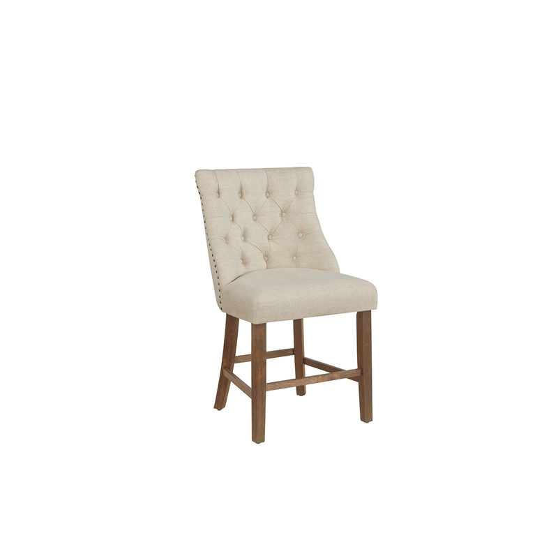 Counterheight Walnut Wood Dining Chairs in Beige Linen Fabric (Set of 2)
