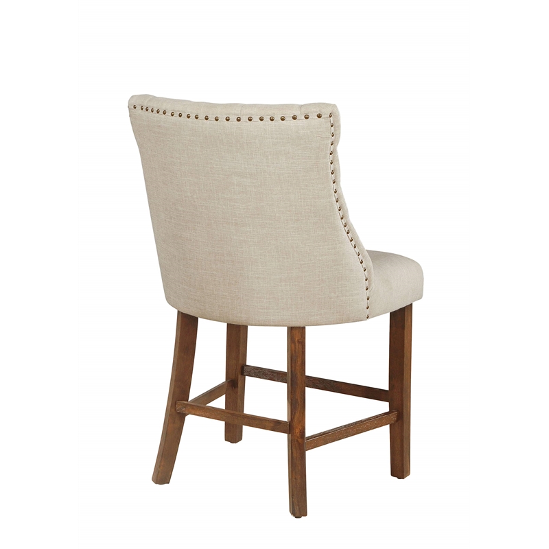 Counterheight Walnut Wood Dining Chairs in Beige Linen Fabric (Set of 2)