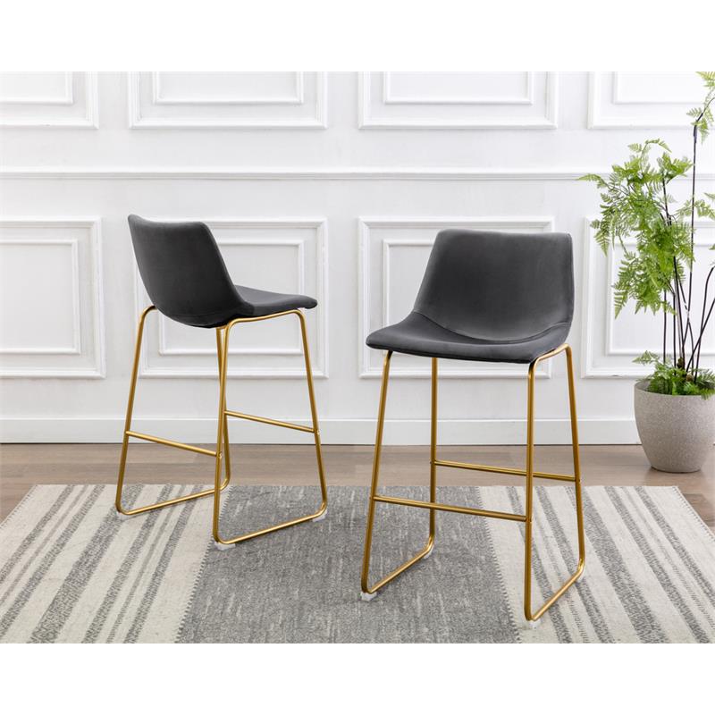 Double Bar Stools in Gray Velvet with Gold Chrome Base (Set of 2)