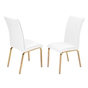 white chairs upholstered with faux leather and gold chrome base (set of 2)