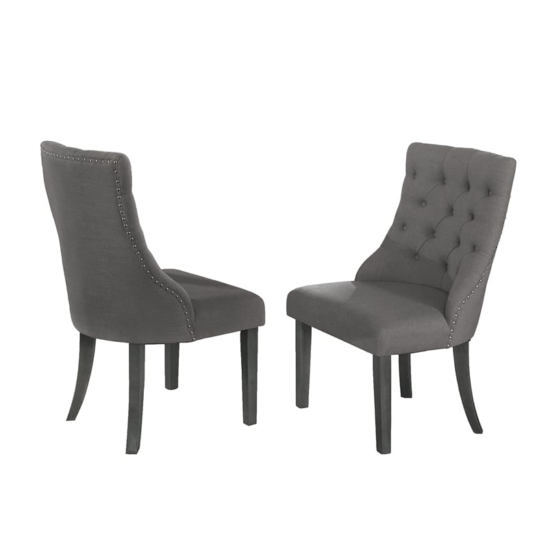 Dark Gray Linen Fabric Dining Chairs (Set of 2) with Tufted Seats