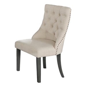 Beige Linen Fabric Dining Chair (Single) with Tufted Seats and Gray Wood Legs
