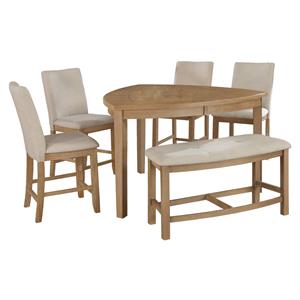 natural rustic wood 6pc dining set in counterheight with beige linen chairs