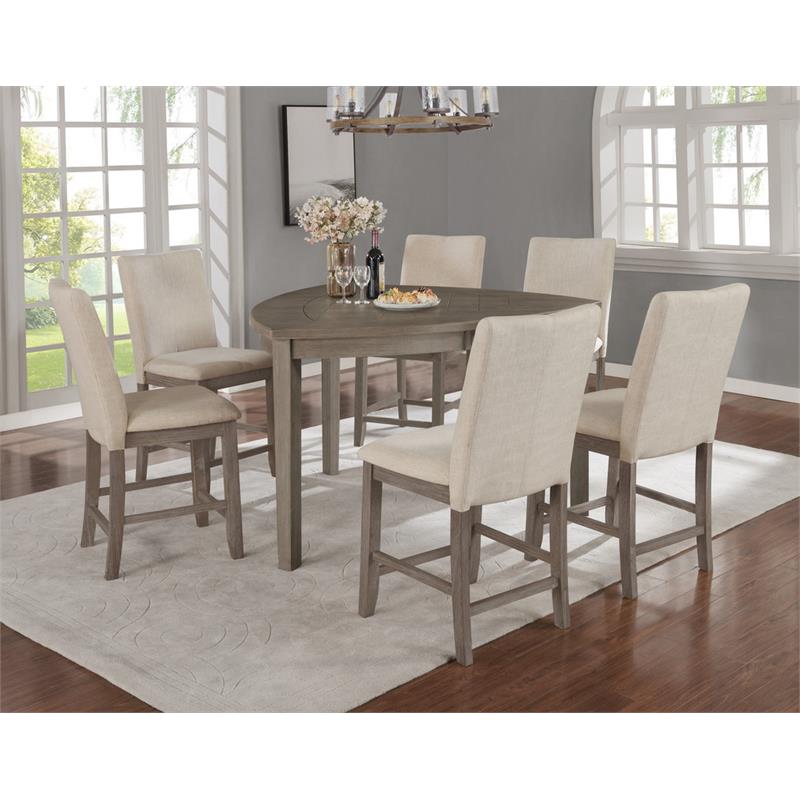 Rustic Gray Wood 7pc Counterheight Dining Set with Beige Linen Fabric Chairs
