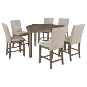 rustic gray wood 7pc counterheight dining set with beige linen fabric chairs