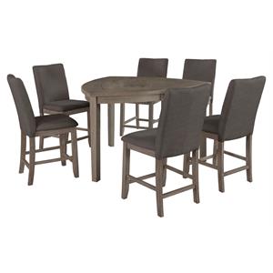 rustic gray wood 7pc counterheight dining set with gray linen fabric chairs