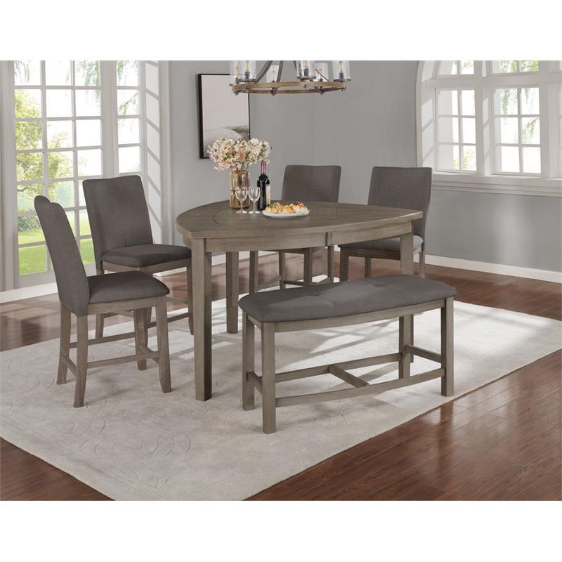 Rustic Gray Wood Counterheight Dining Bench in Gray Linen Fabric