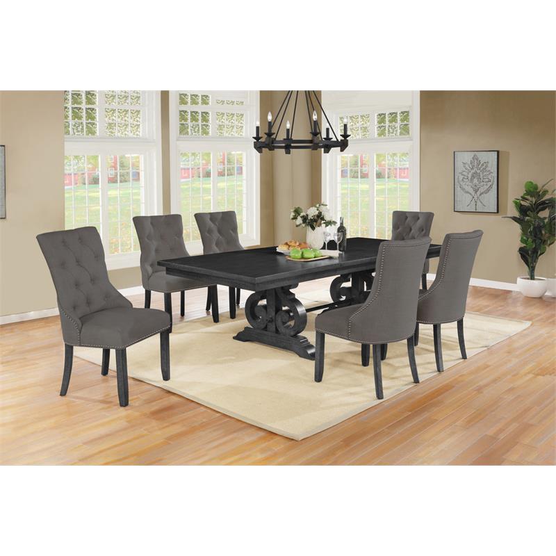 Dark Gray Wood Dining Set with Extendable Table and Gray Linen Chairs