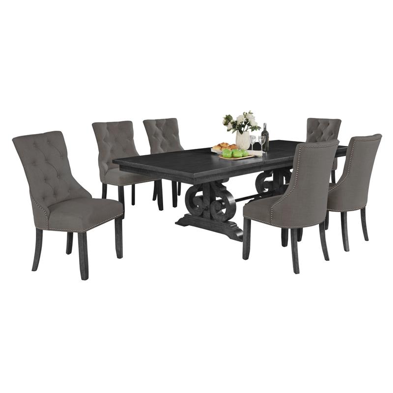 Dark Gray Wood Dining Set with Extendable Table and Gray Linen Chairs