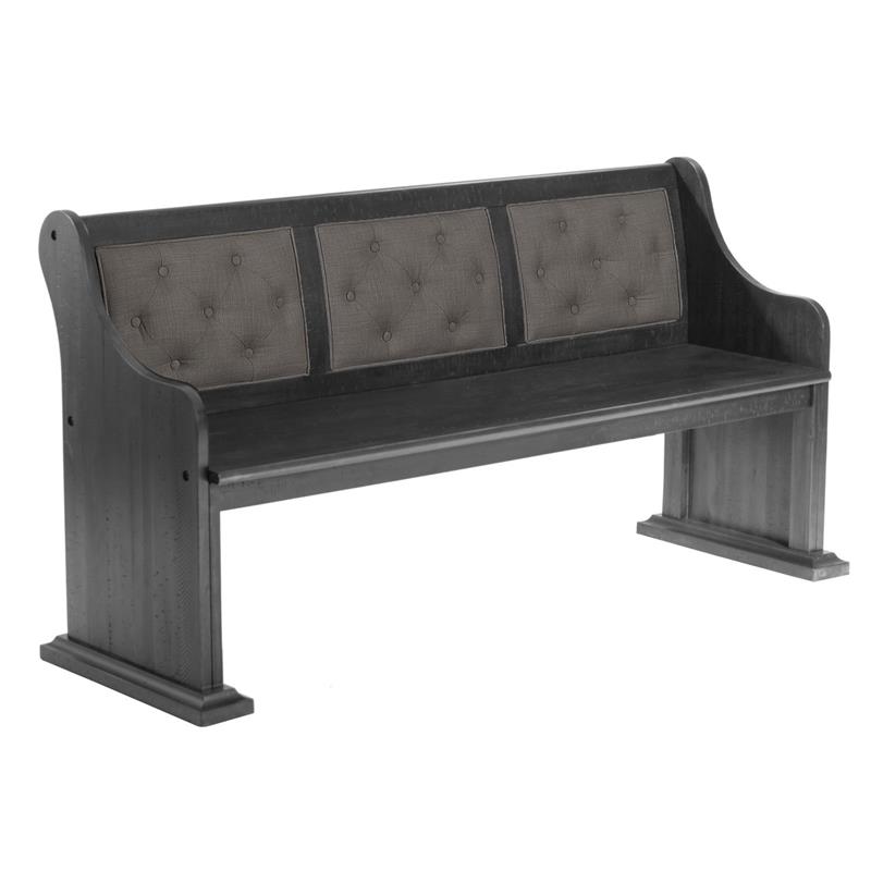 Dark Gray Wood Dining Bench with Gray Linen Tufted Seat Back