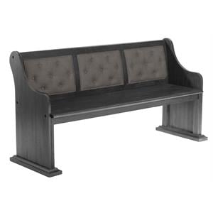 Dark Gray Wood Dining Bench with Gray Linen Tufted Seat Back