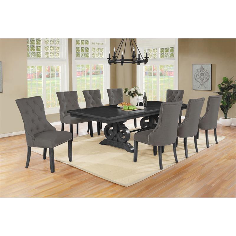 Dark Gray Wood Dining Set with Extendable Table and Gray Linen Chairs
