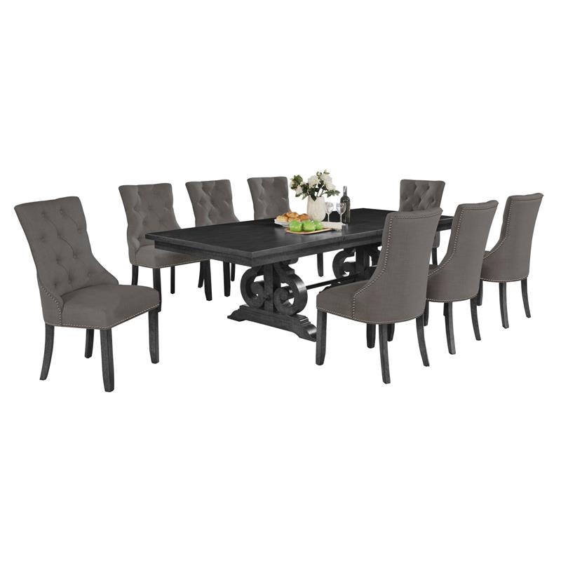Dark Gray Wood Dining Set with Extendable Table and Gray Linen Chairs