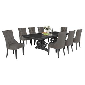 Dark Gray Wood Dining Set with Extendable Table and Gray Linen Chairs
