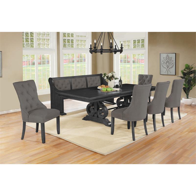 Dark Gray Wood Dining Chairs Upholstered with Dark Gray Linen Fabric (Set of 2)