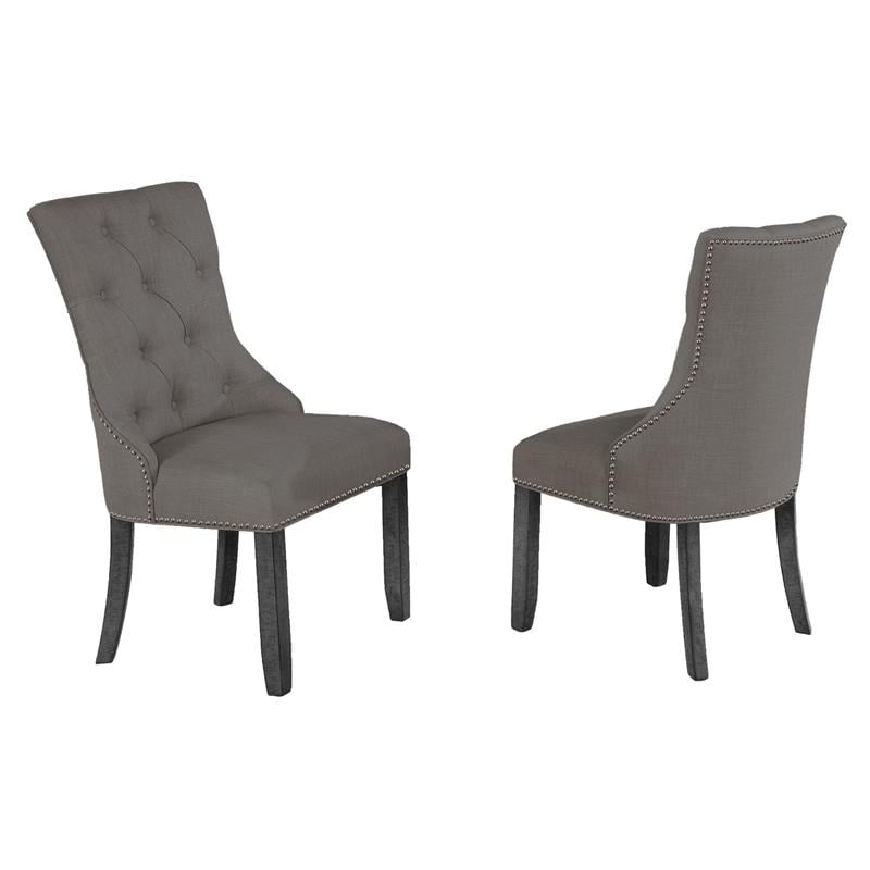 Dark Gray Wood Dining Chairs Upholstered with Dark Gray Linen Fabric (Set of 2)