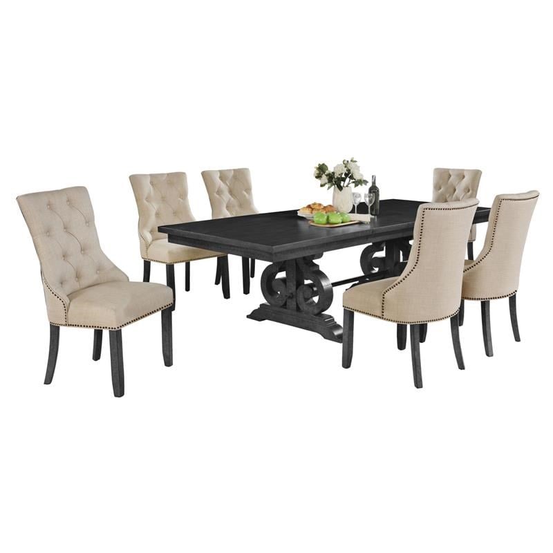 Dark Gray Wood Dining Set with Extendable Table and Beige Linen Chairs