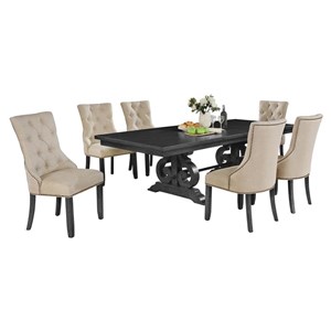 Dark Gray Wood Dining Set with Extendable Table and Beige Linen Chairs