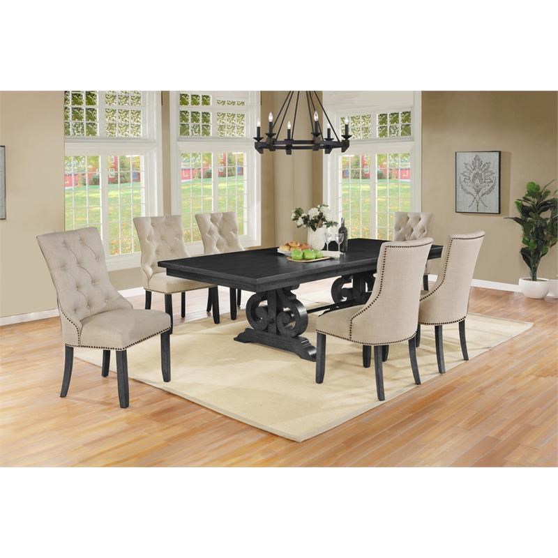 Dark Gray Wood Dining Set with Extendable Table and Beige Linen Chairs