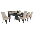 Dark Gray Wood Dining Set with Extendable Table + Beige Linen Chairs + Bench