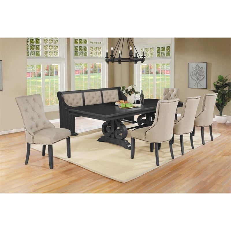 Dark Gray Wood Dining Set with Extendable Table + Beige Linen Chairs + Bench