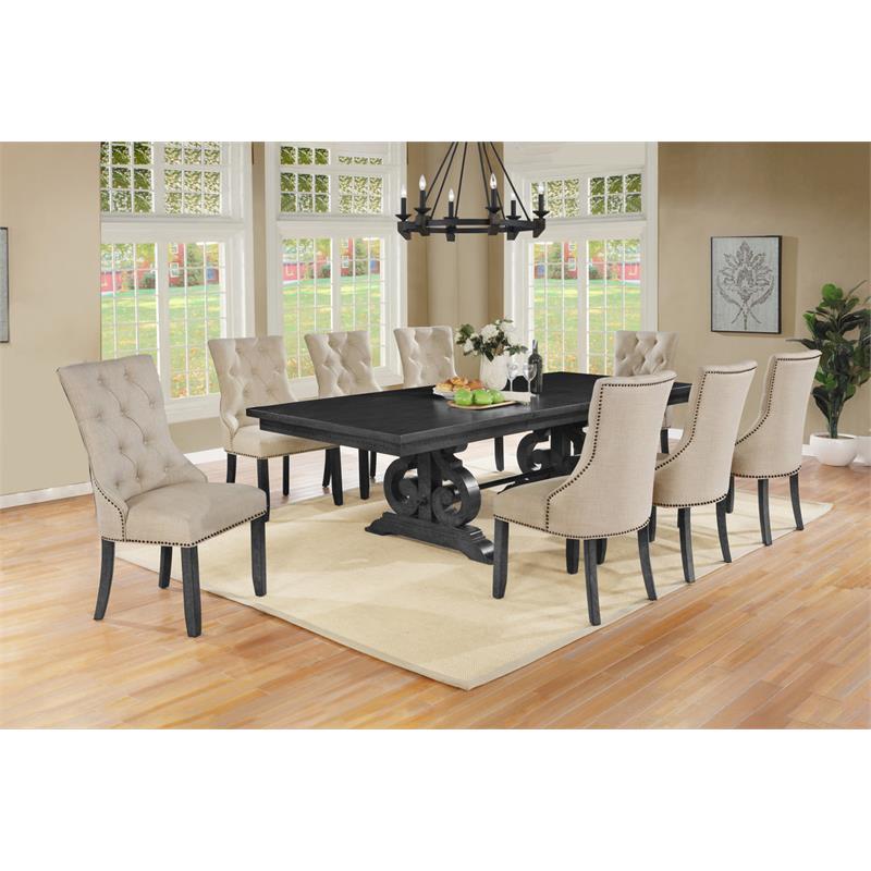 Dark Gray Wood Dining Set with Extendable Table and Beige Linen Chairs