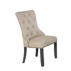 Dark Gray Wood Dining Chair Upholstered with Beige Linen Fabric (Single)