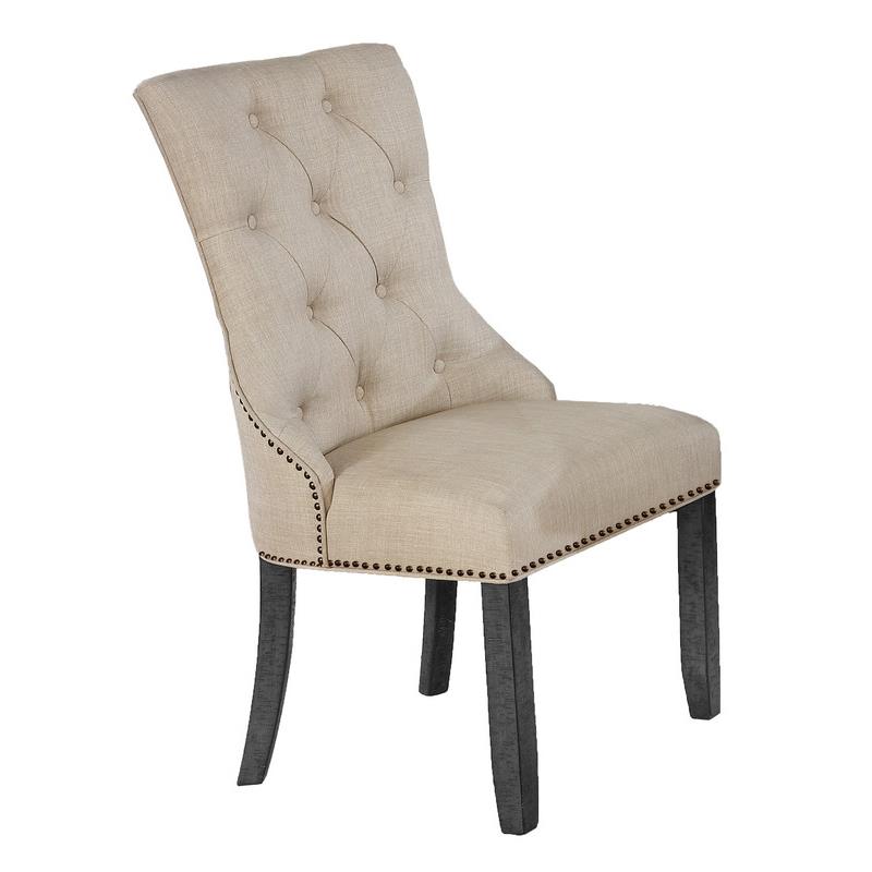 Dark Gray Wood Dining Chairs Upholstered with Beige Linen Fabric (Set of 2)