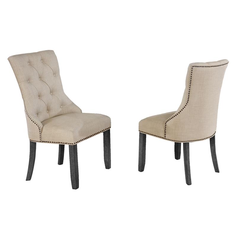 Dark Gray Wood Dining Chairs Upholstered with Beige Linen Fabric (Set of 2)