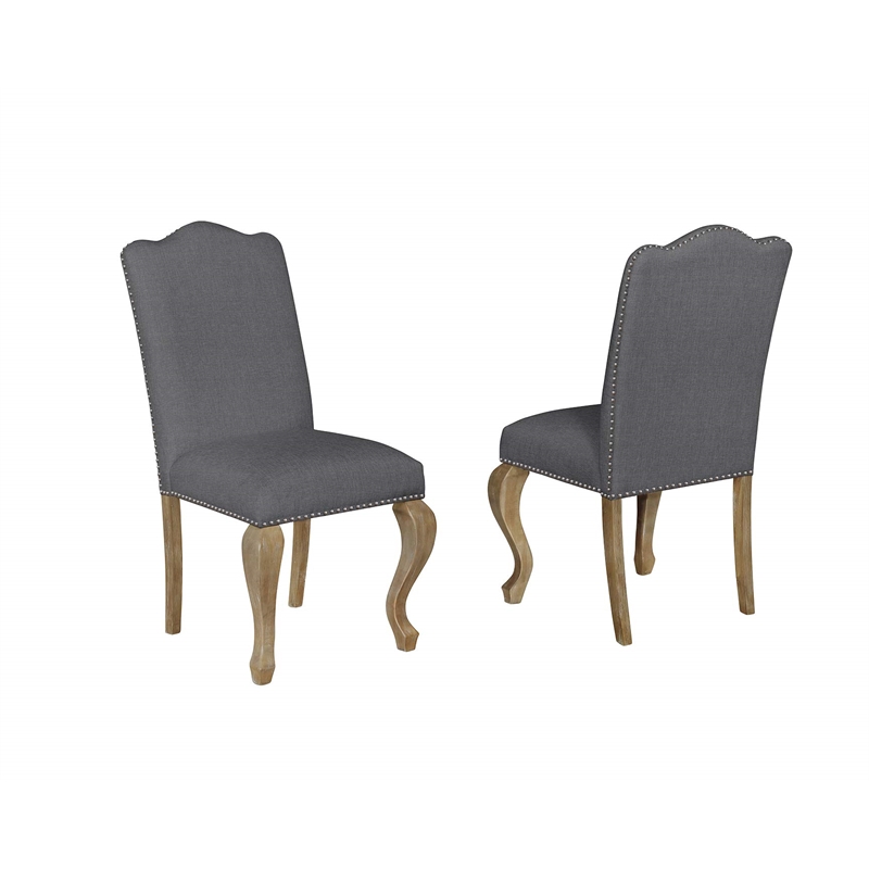 Rustic Oak Wood Dining Chairs Upholstered in Gray Linen Fabric (Set of 2)