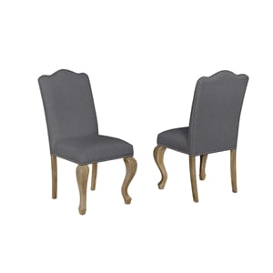 Rustic Oak Wood Dining Chairs Upholstered in Gray Linen Fabric (Set of 2)