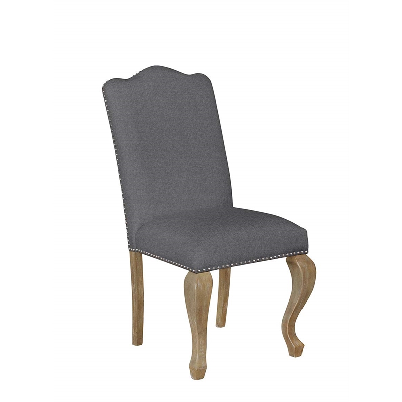 Rustic Oak Wood Dining Chairs Upholstered in Gray Linen Fabric (Set of 2)