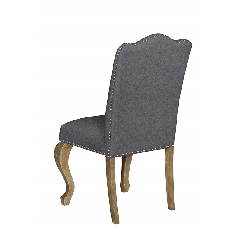 Rustic Oak Wood Dining Chairs Upholstered in Gray Linen Fabric (Set of 2)