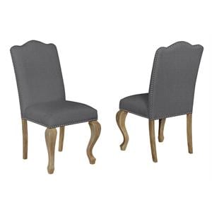 rustic oak wood dining chairs upholstered in gray linen fabric (set of 2)