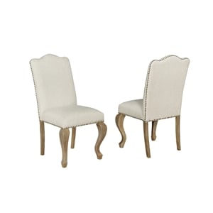 Rustic Oak Wood Dining Chairs Upholstered in Beige Linen Fabric (Set of 2)