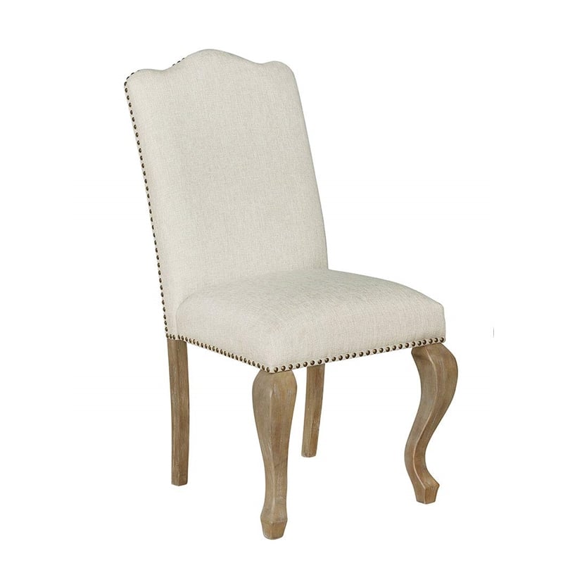 Rustic Oak Wood Dining Chairs Upholstered in Beige Linen Fabric (Set of 2)