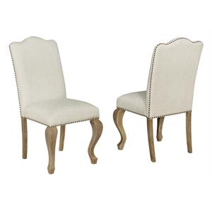 rustic oak wood dining chairs upholstered in beige linen fabric (set of 2)