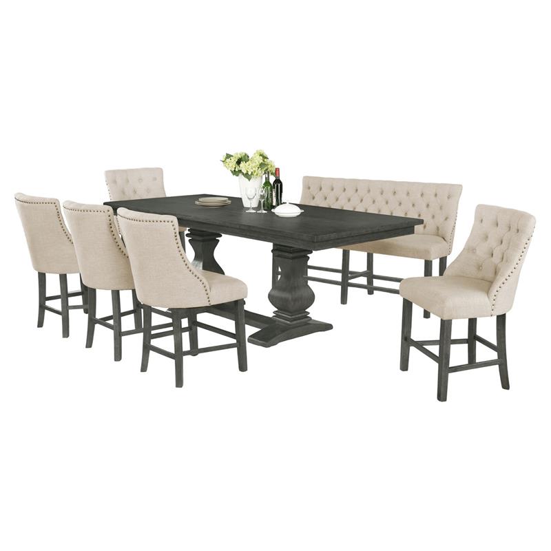 Large Beige Linen Fabric Counterheight Dining Bench in Gray Oak Wood